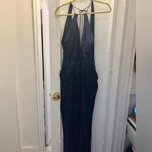 DVF Blue Wood Print Backless Silk Jumpsuit